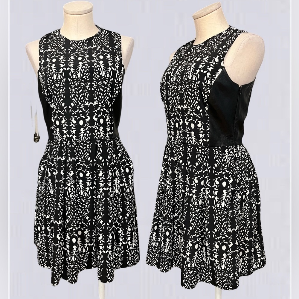 HUNTER BELL black and white abstract print with leather trip sleeveless dress